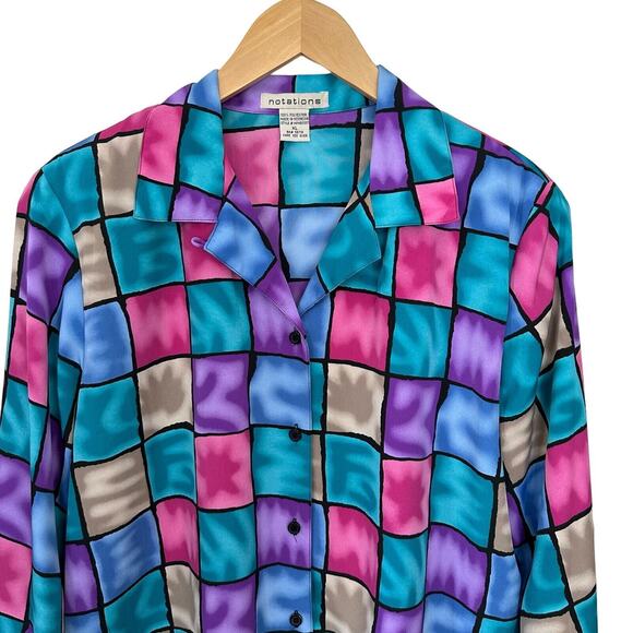 Vintage Jewel Tone Blouse Womens XL Stain Glass Print Artsy Vibrant Notations - Picture 5 of 6